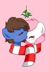 Size: 1400x2068 | Tagged: safe, artist:kittyrosie, oc, oc only, oc:bizarre song, oc:sugar morning, pony, blushing, bust, clothes, commission, duo, eyes closed, female, forehead kiss, kissing, male, mistleholly, oc x oc, pink background, scarf, shared clothing, shared scarf, shipping, simple background, straight, striped scarf, sugarre, ych result