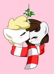 Size: 1450x1991 | Tagged: safe, artist:kittyrosie, oc, oc only, earth pony, pony, unicorn, blushing, bust, clothes, commission, duo, eyes closed, female, forehead kiss, kissing, mistleholly, pink background, scarf, shared clothing, shared scarf, shipping, simple background, striped scarf, ych result