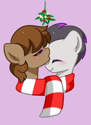 Size: 1411x1924 | Tagged: safe, artist:kittyrosie, oc, oc only, oc:haze rad, oc:talu gana, earth pony, pony, blushing, bust, clothes, commission, duo, eyes closed, forehead kiss, gay, kissing, male, mistleholly, not rumble, pink background, scarf, shared clothing, shared scarf, shipping, simple background, striped scarf, ych result