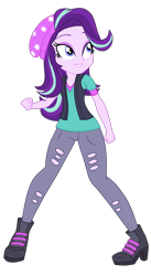 Size: 1900x3455 | Tagged: safe, artist:gmaplay, starlight glimmer, human, equestria girls, equestria girls specials, g4, my little pony equestria girls: mirror magic, beanie, clenched fist, clothes, eyebrows, female, fist, grin, hat, high res, holes, looking up, pants, shirt, simple background, smiling, solo, torn clothes, transparent background, vest, watch, wristwatch