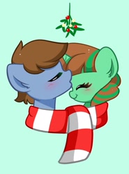 Size: 1416x1916 | Tagged: safe, artist:kittyrosie, oc, oc only, earth pony, pony, unicorn, blushing, bust, clothes, commission, duo, eyes closed, female, forehead kiss, kissing, mistleholly, scarf, shared clothing, shared scarf, shipping, simple background, striped scarf, ych result