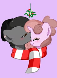 Size: 1448x1972 | Tagged: safe, artist:kittyrosie, oc, oc only, earth pony, pony, unicorn, blushing, bust, clothes, commission, duo, eyes closed, female, forehead kiss, kissing, mistleholly, scarf, shared clothing, shared scarf, shipping, simple background, striped scarf, ych result