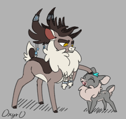 Size: 678x642 | Tagged: safe, artist:deacoti, stronghoof hoofstrong (tfh), deer, fawn, reindeer, them's fightin' herds, buck, cloven hooves, community related, gray background, happy, male, signature, simple background