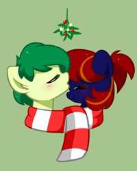 Size: 1571x1967 | Tagged: safe, artist:kittyrosie, oc, oc only, earth pony, pony, blushing, bust, canon x oc, clothes, commission, duo, eyes closed, female, forehead kiss, kissing, mistleholly, scarf, shared clothing, shared scarf, shipping, simple background, striped scarf, ych result