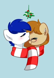 Size: 1480x2114 | Tagged: safe, artist:kittyrosie, oc, earth pony, pony, blushing, bust, clothes, commission, duo, eyes closed, female, forehead kiss, glasses, kissing, mistleholly, scarf, shared clothing, shared scarf, shipping, simple background, striped scarf, ych result