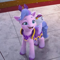 Size: 600x600 | Tagged: safe, screencap, cloudpuff, queen haven, dog, flying pomeranian, pegasus, pomeranian, pony, g5, my little pony: make your mark, my little pony: make your mark chapter 3, winter wishday, spoiler:g5, spoiler:winter wishday, 3d, adorahaven, clothes, crown, cute, female, hat, jewelry, mare, regalia, scarf, snow, snowfall, winged dog, winter hat, winter outfit