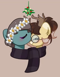 Size: 1520x1961 | Tagged: safe, artist:kittyrosie, oc, earth pony, pony, blushing, bust, clothes, commission, duo, eyes closed, female, floral head wreath, flower, forehead kiss, glasses, kissing, mistleholly, scarf, shared clothing, shared scarf, shipping, simple background, striped scarf, ych result