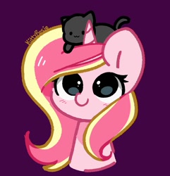 Size: 1282x1328 | Tagged: safe, artist:kittyrosie, oc, oc:rosa flame, cat, pony, unicorn, :3, blushing, bust, on head, open mouth, open smile, purple background, simple background, smiling