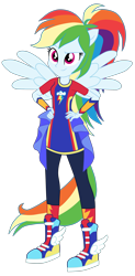 Size: 1890x3840 | Tagged: safe, rainbow dash, human, cheer you on, equestria girls, g4, my little pony equestria girls: better together, alternate hairstyle, clothes, cute, dashabetes, eyebrows, female, gorget, hand on hip, pants, ponied up, ponytail, raised eyebrow, shoes, simple background, smiling, sneakers, socks, solo, super ponied up, sweatpants, transparent background, vector, wings