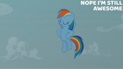 Size: 4400x2475 | Tagged: safe, edit, edited screencap, editor:quoterific, screencap, rainbow dash, pegasus, pony, g4, season 2, the mysterious mare do well, cloud, eyes closed, female, flying, high res, hooves on hips, mare, open mouth, open smile, sky, smiling, solo, spread wings, talking, text, wings