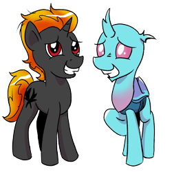 Size: 1200x1200 | Tagged: safe, artist:pony-berserker, oc, oc only, oc:dopple, oc:shadowed ember, changedling, changeling, pony, unicorn, 2023 community collab, derpibooru community collaboration, changedling oc, changeling oc, duo, looking at you, sheepish, sheepish grin, simple background, transparent background