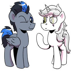 Size: 1200x1200 | Tagged: safe, artist:pony-berserker, oc, oc only, oc:silver sickle, oc:slipstream, pegasus, pony, unicorn, 2023 community collab, derpibooru community collaboration, duo, horn, looking at you, one eye closed, pegasus oc, raised hoof, scar, simple background, transparent background, unicorn oc, wink, winking at you