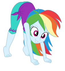 Size: 2300x2536 | Tagged: safe, artist:gmaplay, rainbow dash, human, equestria girls, g4, my little pony equestria girls: better together, wake up!, wake up!: rainbow dash, all fours, ass, ass up, barefoot, bent over, butt, cute, dashabetes, downward dog, eyebrows, face down ass up, feet, female, grin, high res, rainbutt dash, simple background, smiling, solo, transparent background, waking up, yoga