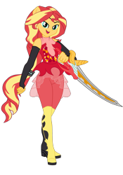 Size: 2437x3480 | Tagged: safe, artist:gmaplay, sunset shimmer, human, equestria girls, g4, boots, high res, kamen rider ryuki, ponied up, shoes, simple background, solo, super ponied up, sword, transparent background, weapon