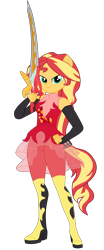 Size: 2300x5511 | Tagged: safe, artist:gmaplay, sunset shimmer, human, equestria girls, g4, boots, kamen rider ryuki, ponied up, shoes, simple background, solo, super ponied up, sword, transparent background, weapon