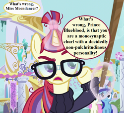 Size: 792x720 | Tagged: safe, edit, edited screencap, editor:korora, screencap, minuette, moondancer, twinkleshine, pony, unicorn, amending fences, g4, canterlot, clothes, cropped, glasses, glowing, glowing horn, hat, horn, implied prince blueblood, magic, magic aura, party hat, sesquipedalian loquaciousness, speech bubble, sweater, telekinesis