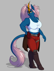 Size: 1200x1600 | Tagged: safe, artist:floots, oc, oc only, oc:thunder strike, kirin, anthro, belt, big breasts, boots, breasts, clothes, female, muscles, muscular female, pants, shoes, tank top