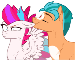Size: 3503x2795 | Tagged: safe, artist:coco-sparkles, artist:sparkling_light, hitch trailblazer, zipp storm, earth pony, pegasus, pony, g5, angry, base used, biting, blaze (coat marking), coat markings, colored wings, duo, duo male and female, ear bite, eyebrows, eyes closed, facial markings, female, floppy ears, frown, high res, male, mare, multicolored wings, nom, ship:stormblazer, shipping, simple background, smiling, spread wings, stallion, straight, this will end in pain, this will not end well, transparent background, unamused, wings, zipp storm is not amused