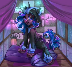 Size: 2894x2718 | Tagged: safe, alternate version, artist:leastways, nightmare moon, oc, oc only, oc:dreamy daze, pony, clothes, costume, facial hair, high res, kigurumi, moustache, snidely whiplash