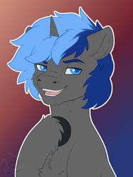 Size: 2500x3333 | Tagged: safe, artist:fkk, oc, oc only, oc:orion, pony, unicorn, commission, high res, male, simple background, smiling, smirk, solo, stallion