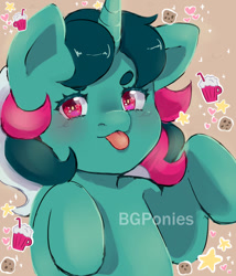 Size: 827x966 | Tagged: safe, artist:bgponies, fizzy, pony, twinkle eyed pony, unicorn, g1, :p, beanbrows, blushing, eyebrows, solo, tongue out