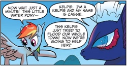 Size: 1290x671 | Tagged: safe, artist:amy mebberson, idw, cassie, rainbow dash, kelpie, pegasus, pony, g4, spoiler:comic, spoiler:comic23, dialogue, duo, female, mare, speech bubble