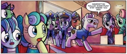 Size: 1334x578 | Tagged: safe, artist:agnes garbowska, idw, official comic, blues traveler, chief stablemaker, marine pearls, mint spear, officer fluffles, officer punchbowl, officer restraint, officer trotter, rough diamond, sleek sight, spruce banner, earth pony, pony, unicorn, g4, spoiler:comic, spoiler:comic21, dialogue, female, group, male, mare, police officer, police pony, police uniform, speech bubble, stallion