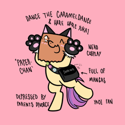 Size: 1200x1200 | Tagged: safe, artist:paperbagpony, oc, oc:paper bag, earth pony, pony, animal costume, bag, bipedal, blushing, cat costume, cat gloves, clothes, costume, fake ears, female, gloves, mare, messenger bag, pink background, simple background, solo, standing, standing on one leg, text