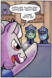 Size: 737x1112 | Tagged: safe, artist:agnes garbowska, idw, official comic, chief stablemaker, officer fluffles, officer trotter, rough diamond, earth pony, pony, unicorn, g4, spoiler:comic, spoiler:comic21, :|, dialogue, female, male, mare, police, stallion, trio