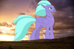 Size: 2700x1800 | Tagged: safe, anonymous editor, artist:dashiesparkle, edit, seaspray, classical hippogriff, hippogriff, g4, giant hippogriff, high res, highrise ponies, irl, jewelry, macro, male, mega giant, mountain, mountain range, necklace, photo, ponies in real life, solo