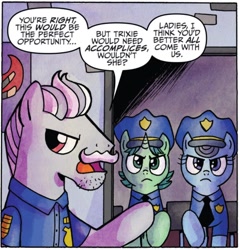 Size: 750x780 | Tagged: safe, artist:agnesgarbowska, idw, official comic, chief stablemaker, officer fluffles, officer trotter, rough diamond, earth pony, pony, unicorn, g4, spoiler:comic, spoiler:comic21, dialogue, female, male, mare, police, police uniform, speech bubble, stallion, trio