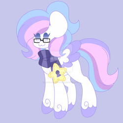 Size: 1920x1920 | Tagged: safe, artist:ladylullabystar, oc, oc:lullaby star, pegasus, pony, :3, alternate design, clothes, deviantart watermark, female, glasses, mare, obtrusive watermark, scarf, simple background, solo, watermark