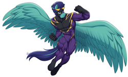 Size: 8828x5382 | Tagged: safe, artist:ponyanony, oc, oc only, oc:counterfort, pegasus, anthro, unguligrade anthro, commission, male, muscles, muscular male, pegasus oc, shadowbolts, simple background, solo, spread wings, stallion, white background, wings