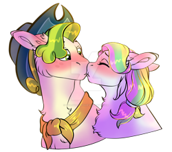 Size: 1280x1134 | Tagged: safe, artist:malinraf1615, coconut cream, pistachio, earth pony, pony, g4, bandana, blushing, bust, chest fluff, cocostachio, cowboy hat, cute, deviantart watermark, duo, eyes closed, female, hat, kiss on the lips, kissing, male, mare, obtrusive watermark, older, shipping, simple background, stallion, straight, transparent background, watermark