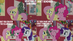 Size: 4400x2475 | Tagged: safe, edit, edited screencap, editor:quoterific, screencap, fluttershy, pinkie pie, rarity, g4, the great escape room