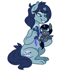 Size: 1200x1200 | Tagged: safe, artist:eve-of-halloween, derpibooru exclusive, princess luna, oc, oc only, oc:intemp, oc:nightfall, alicorn, hybrid, original species, pony, 2023 community collab, derpibooru community collaboration, hallowverse, g4, alicorn oc, baby, baby pony, big grin, body markings, broken horn, canon x oc, claws, colored wings, colt, duo, ear fluff, ethereal mane, ethereal tail, family, father and child, father and son, foal, freckles, gradient hooves, gradient wings, grin, gritted teeth, holding a pony, horn, like father like son, like parent like child, looking at each other, looking at someone, male, nexgen, next generation, offspring, parent:oc:intemp, parent:princess luna, parents:canon x oc, plushie, pony plushie, sharp teeth, short hair, short tail, show accurate, simple background, sitting, smiling, smiling at each other, sparkles, spread wings, stallion, tail, teeth, transparent background, wings
