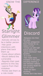 Size: 1080x1920 | Tagged: safe, discord, starlight glimmer, draconequus, unicorn, comparison, know the difference