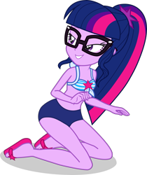 Size: 3125x3727 | Tagged: safe, alternate version, artist:dustinwatsongkx, sci-twi, twilight sparkle, human, equestria girls, equestria girls specials, g4, my little pony equestria girls: better together, my little pony equestria girls: forgotten friendship, x marks the spot, alternate design, bare shoulders, belly button, bikini, clothes, female, glasses, high res, kneeling, midriff, sandals, sci-twi swimsuit, simple background, sleeveless, solo, swimsuit, transparent background, vector