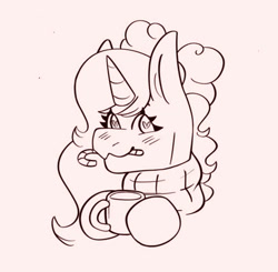 Size: 408x400 | Tagged: safe, artist:megatronsthiccthighs, oc, oc only, oc:fleurbelle, alicorn, pony, alicorn oc, bow, bust, candy, candy cane, clothes, cup, female, food, hair bow, heart, heart eyes, horn, lineart, mare, monochrome, pink background, scarf, simple background, solo, wingding eyes, wings