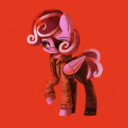Size: 2000x2000 | Tagged: safe, artist:menalia, oc, oc only, oc:shiru, pegasus, pony, clothes, eyepatch, female, high res, hoodie, looking at something, mare, pants, red background, shirt, shoes, simple background, solo, t-shirt, wings