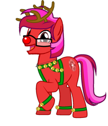 Size: 900x1042 | Tagged: safe, artist:ngthanhphong, derpibooru exclusive, oc, oc:ruby star, earth pony, pony, animal costume, bells, cheerful, christmas, costume, glasses, hearth's warming eve, holiday, jewelry, male, necklace, red nose, reindeer costume, show accurate, simple background, stallion, transparent background
