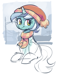 Size: 432x572 | Tagged: safe, artist:plunger, lyra heartstrings, pony, unicorn, g4, clothes, female, hat, mare, partial color, scarf, sitting, sketch, solo, winter outfit