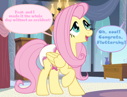 Size: 1324x1014 | Tagged: safe, artist:juicebarx, fluttershy, pegasus, pony, g4, diaper, diaper fetish, female, fetish, happy, mare, non-baby in diaper, offscreen character, raised hoof, sequence, show accurate, solo, speech bubble, tempting fate