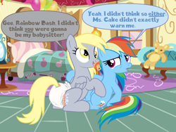 Size: 1188x894 | Tagged: safe, artist:juicebarx, derpy hooves, rainbow dash, pegasus, pony, g4, babysitting, bedroom, cute, diaper, diaper fetish, duo, female, fetish, foalsitting, mare, non-baby in diaper, sequence, show accurate, skeptical, smiling, wall eyed