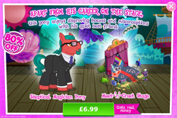 Size: 1952x1296 | Tagged: safe, gameloft, penn jillette, earth pony, pony, g4, my little pony: magic princess, advertisement, background character, background pony, beard, bush, camera, clothes, costs real money, counterparts, curtains, english, facial hair, glasses, introduction card, male, necktie, numbers, pants, sale, solo, stallion, suit, text
