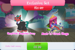 Size: 1270x855 | Tagged: safe, gameloft, penn jillette, earth pony, pony, g4, my little pony: magic princess, background character, background pony, beard, bundle, bush, camera, clothes, costs real money, counterparts, curtains, english, facial hair, glasses, male, necktie, numbers, pants, sale, solo, stallion, suit, text