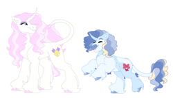 Size: 1280x732 | Tagged: safe, artist:itstechtock, fleur-de-lis, oc, oc:up-doo, pony, unicorn, g4, bow, cloven hooves, eyes closed, happy, jumping, looking at each other, looking at someone, offspring, open mouth, parent:fancypants, parent:fleur-de-lis, parents:fancyfleur, raised hooves, simple background, unshorn fetlocks, white background, yay