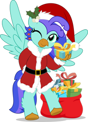 Size: 3626x5000 | Tagged: safe, artist:jhayarr23, oc, oc only, oc:sea lilly, classical hippogriff, hippogriff, bag, bipedal, christmas, clothes, commission, costume, cute, hat, holding, holiday, looking at you, ocbetes, one eye closed, present, santa costume, santa hat, simple background, transparent background, wink, winking at you, ych result