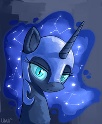 Size: 890x1076 | Tagged: safe, artist:uteuk, nightmare moon, alicorn, pony, g4, armor, bust, constellation, eyebrows, female, frown, helmet, looking at you, mare, portrait, signature, slit pupils, solo, three quarter view