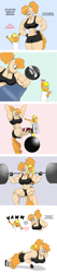 Size: 1606x7522 | Tagged: safe, artist:matchstickman, applejack, pear butter, earth pony, anthro, g4, abs, barbell, biceps, breasts, busty pear butter, clothes, comic, dumbbell (object), duo, exercise, female, filly, filly applejack, foal, mare, mother and child, mother and daughter, muscles, muscular female, pear buffer, push-ups, sleeping, weight lifting, weights, workout, younger